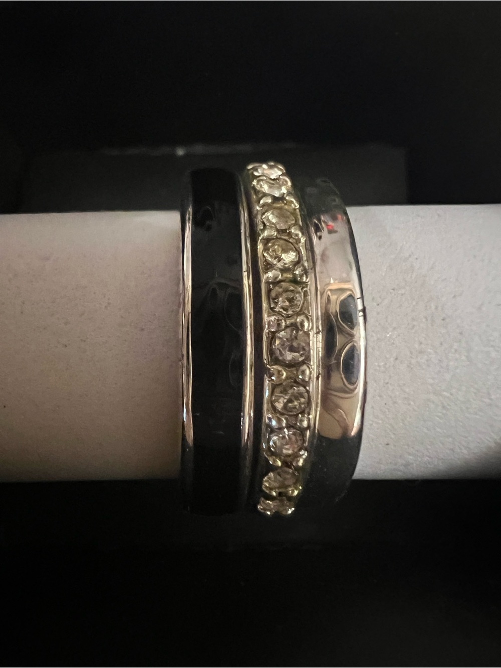 Women's Black and Silver Triple Stack Ring with Clear Stones set of 3